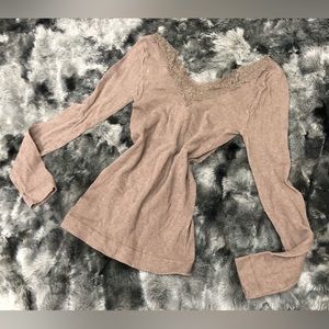 LACE TAN BROWN CREAM V NECK RIBBED LONG SLEEVE TOP BLOUSE SHIRT